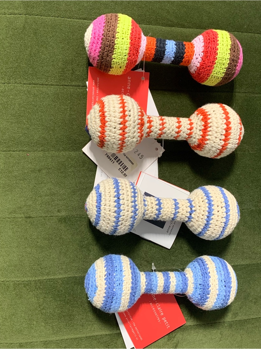 Four NEW Anne-Claire Petit Crochet Baby Barbell Rattles